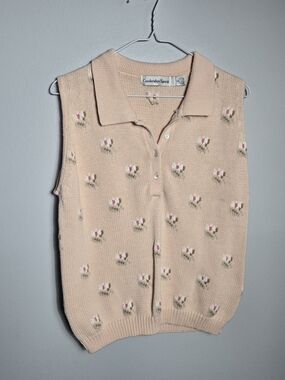 Vintage Cambridge Spirit Peach Floral Embroidered Knit Polo Sweater Vest Size L